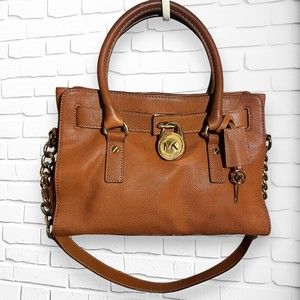 Michael Kors COGNAC HAMILTON SAFFIANO Leather Lock & Key Satchel Bag